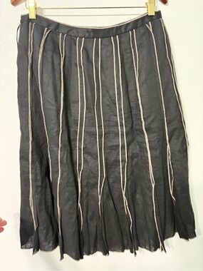 Carole Little Black A-Line Midi Skirt with Cream Vertical Stripes 100% Linen